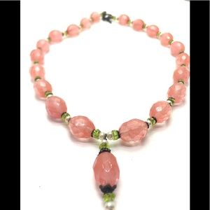 Gemstone necklace. Rose quartz green peridot Pearl necklace